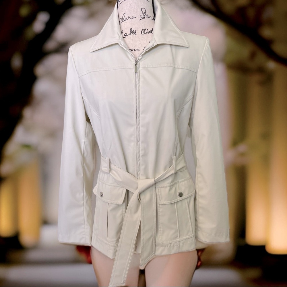 Giacca Gallery White Tie at Waist Lightweight Lined Zipper Safari Jacket S